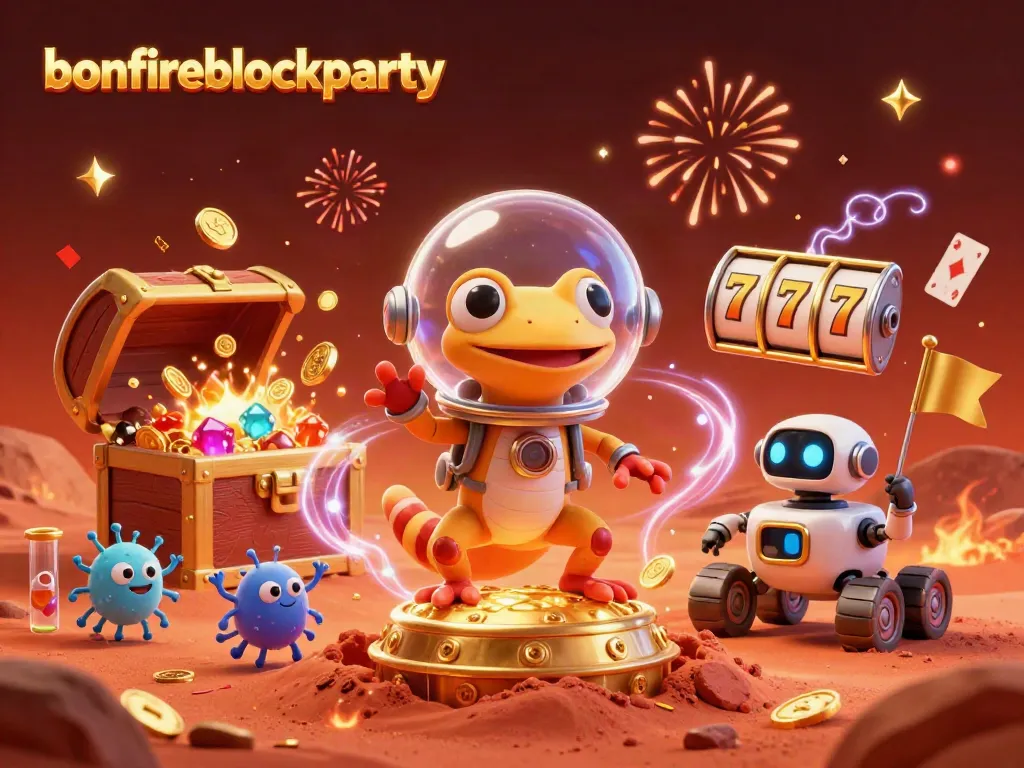 Bonfire Block Party reveals thrilling casino adventures with Martian gecko discovering gold and spinning reels.