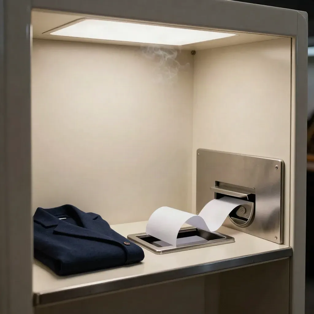 Cabina de foto para DNI con tira recién impresa, bandeja y chaqueta azul marino
