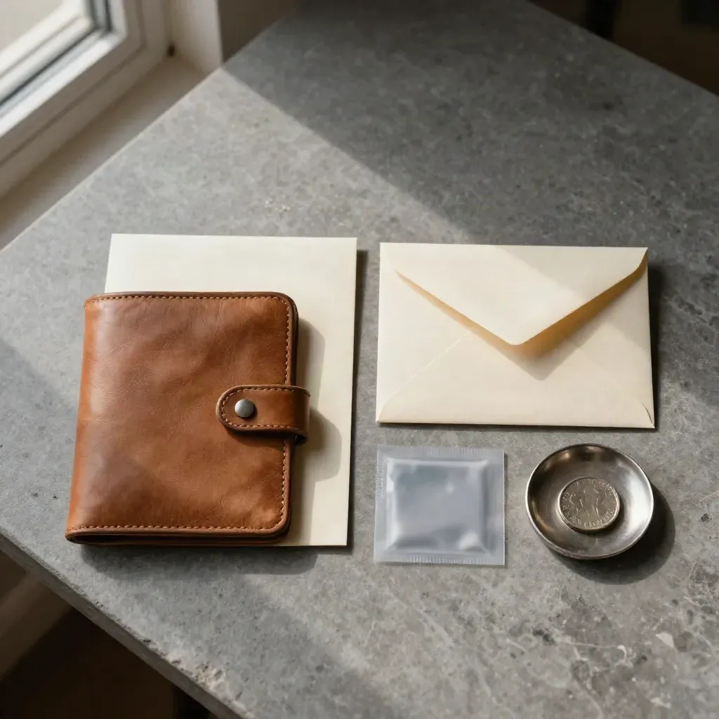 Kit de renovación del DNI en dos pilas sobre mesa de piedra, vista cenital.