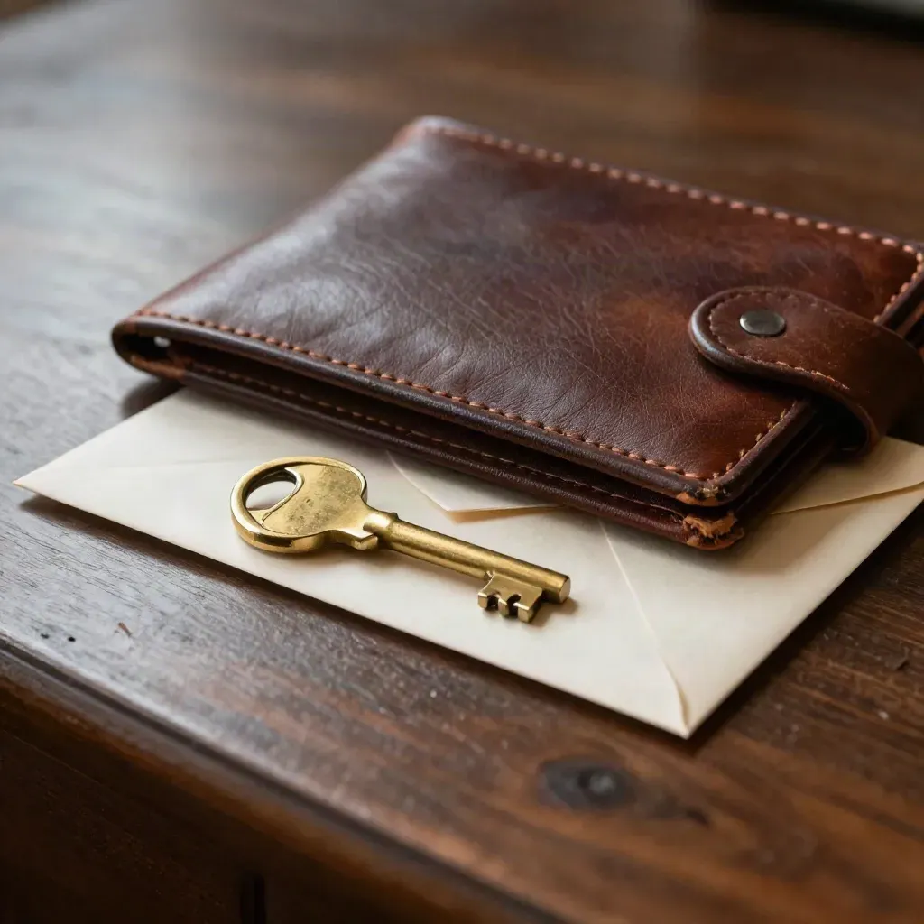 Cartera vieja, sobre y llave sobre un escritorio oscuro, en plano macro.