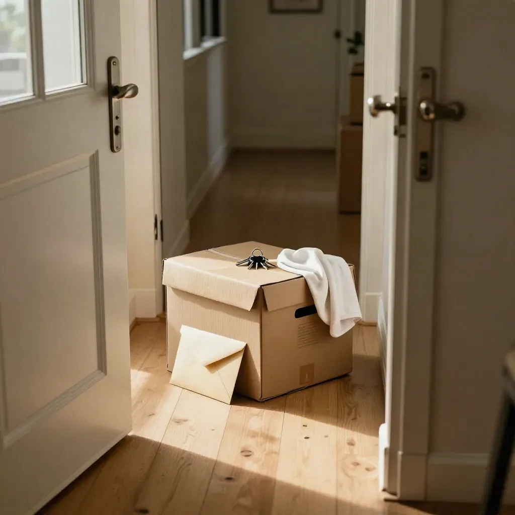 Caja de mudanza abierta con llaves, sobre y paño blanco junto a la puerta nueva