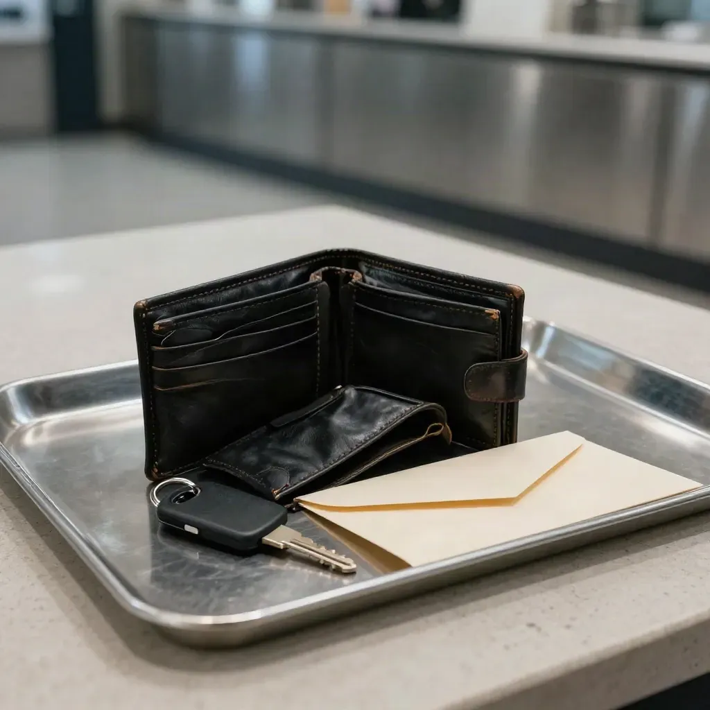 Cartera vacía, llavero oscuro y sobre junto a una bandeja metálica en un mostrador frío.